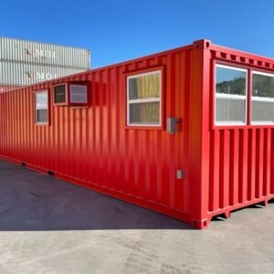 40ft modified shipping container office – 800 sq ft, red, w/ bathroom & storage